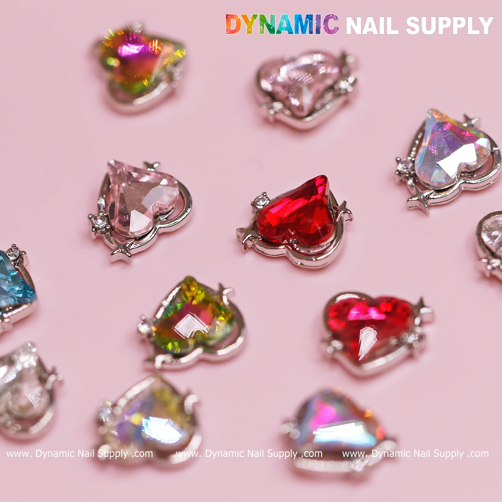 12 pcs Heart Charm (Multi-Colors - Silver Edge) for Valentine Nails Design (Heart Rhinestones center) - Image 2