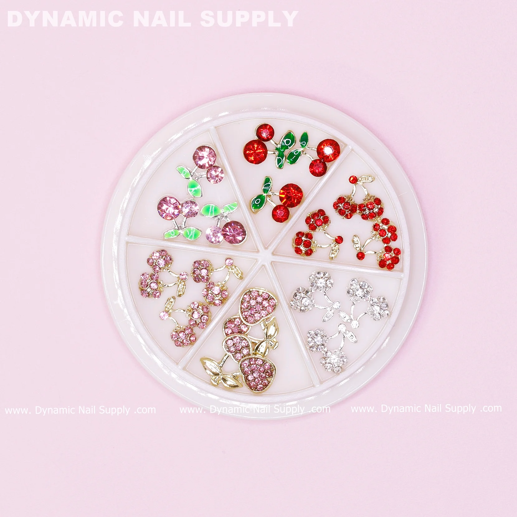 17 pcs Mixed Colors Cherry Nail Charms (Rhinestones Engraved, Red, Pink, Silver) - Image 2