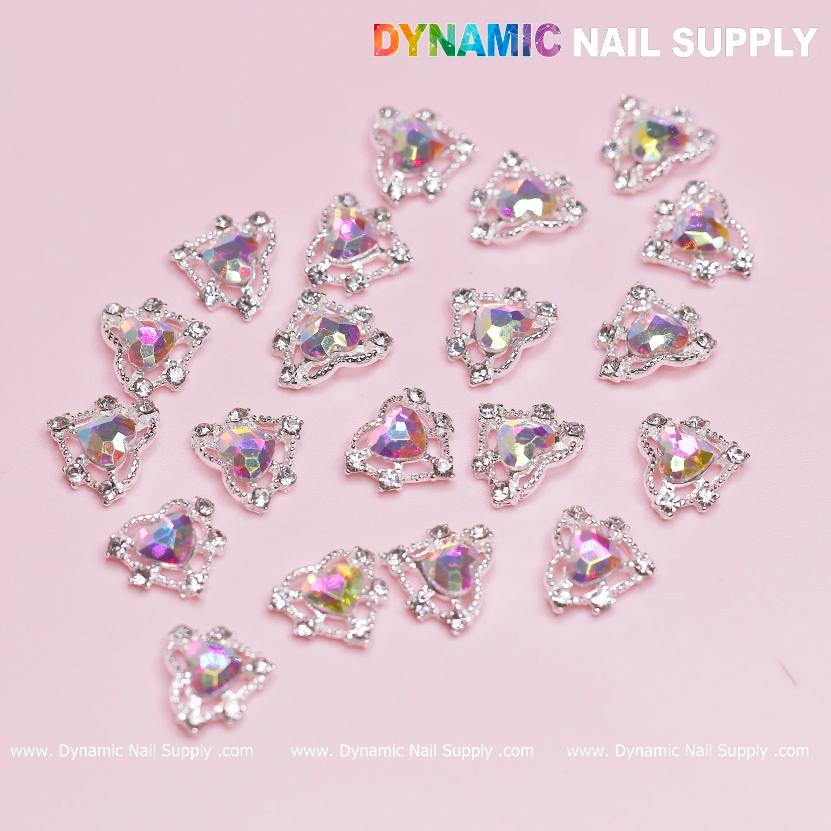 20 pcs Luxury Heart-shaped Charms for Nails Art Design (AB rhinestones + Silver claws base) - Image 2