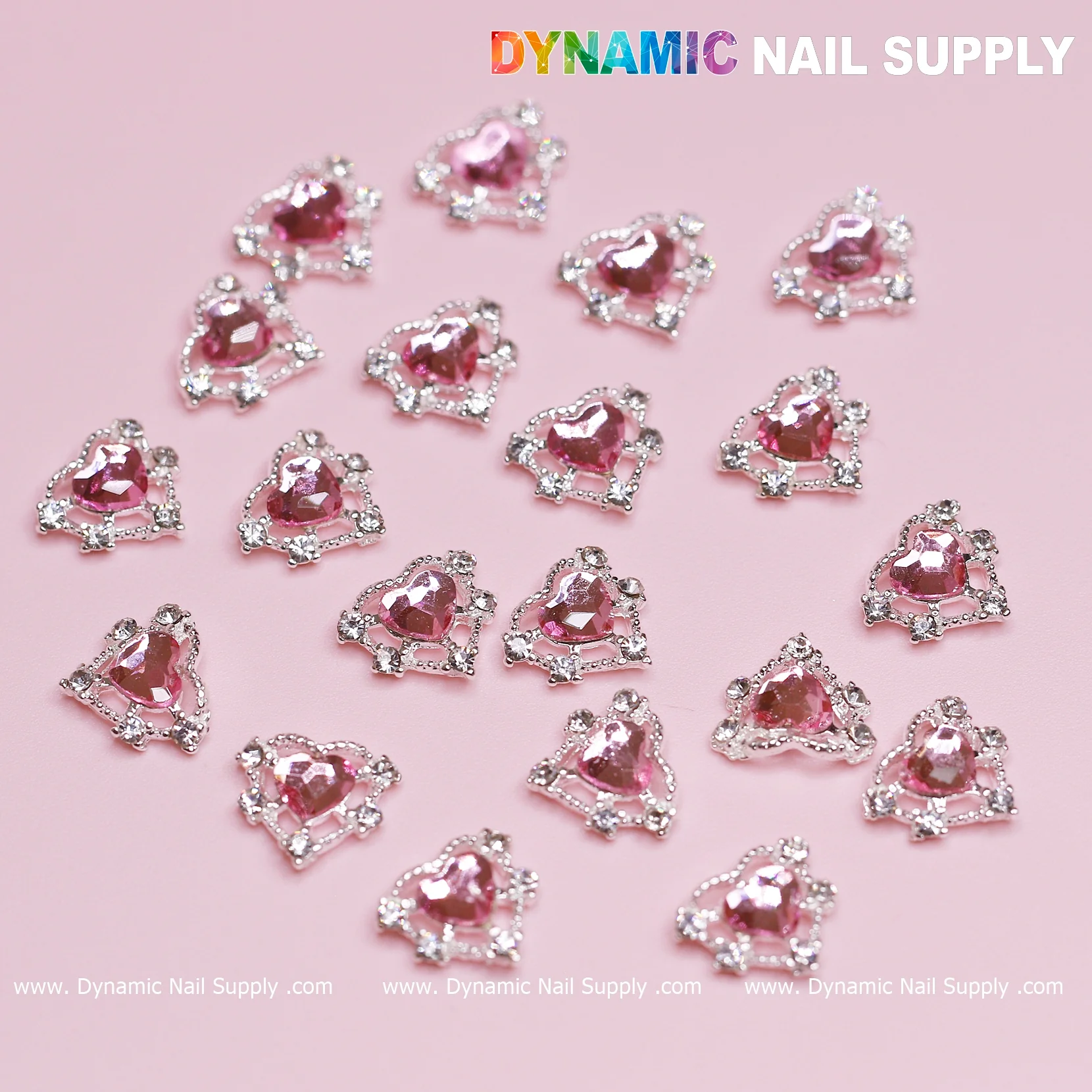 20 pcs Pink Heart Charm for Valentine Nails Design (Rhinestones Border Edge, silver claws)