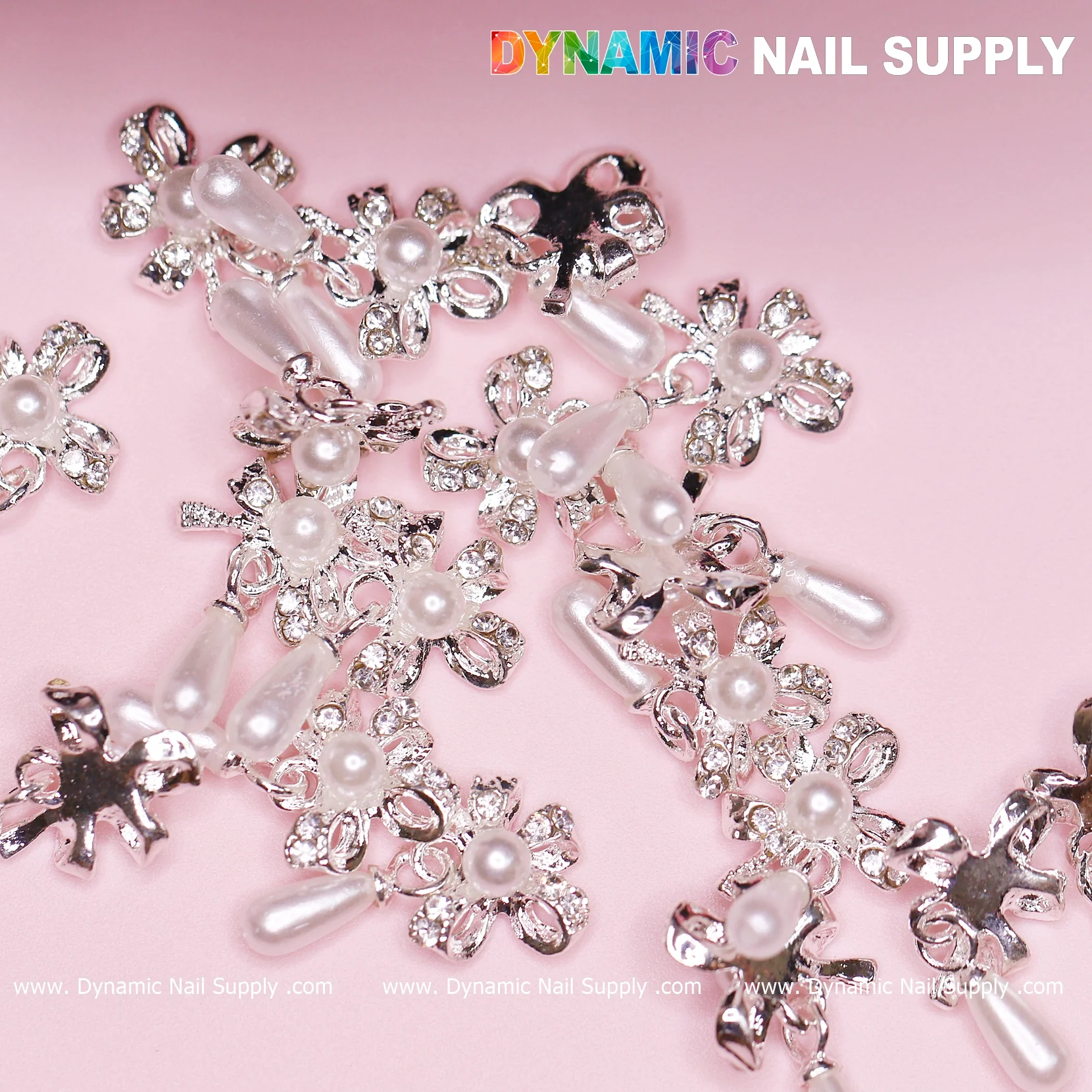 20 pcs Silver (Ribbon) Bow shape Dangle Charms with pearl for Nails Designer - Image 4