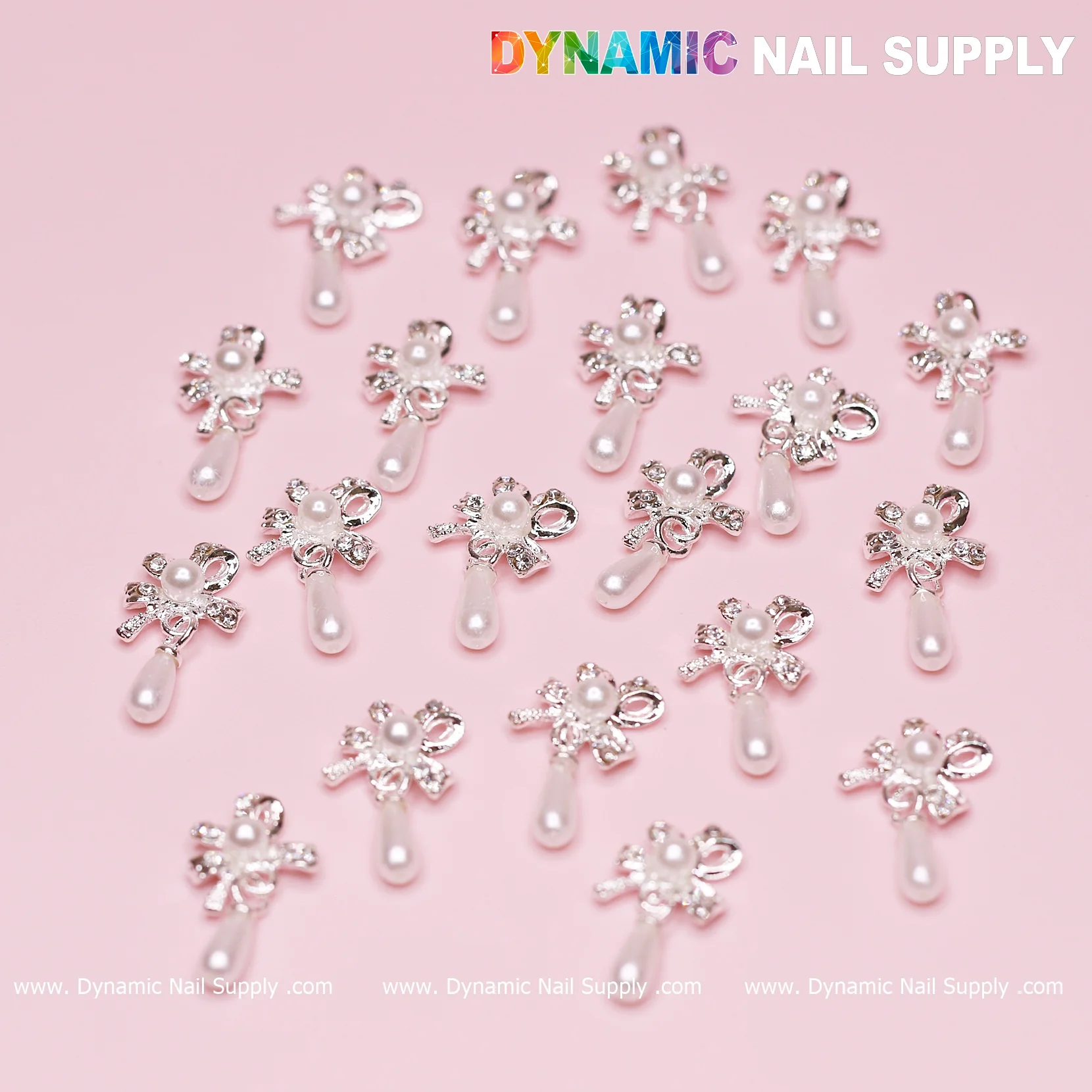 20 pcs Silver (Ribbon) Bow shape Dangle Charms with pearl for Nails Designer - Image 7