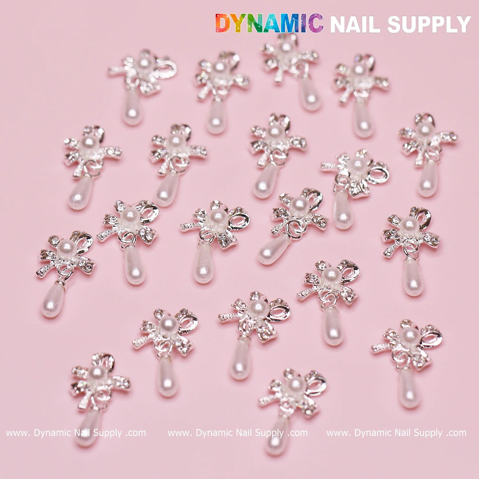20 pcs Silver (Ribbon) Bow shape Dangle Charms with pearl for Nails Designer - Image 8