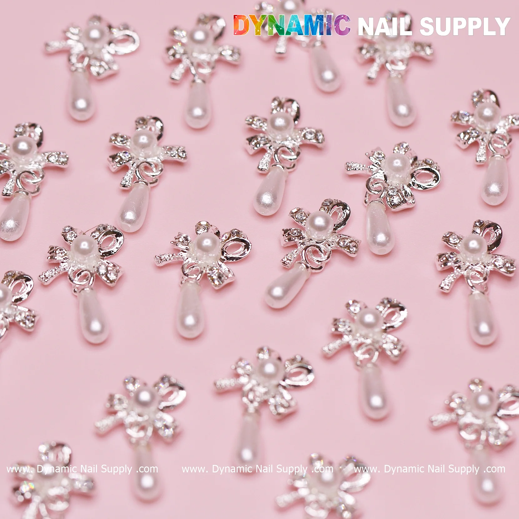 20 pcs Silver (Ribbon) Bow shape Dangle Charms with pearl for Nails Designer - Image 9