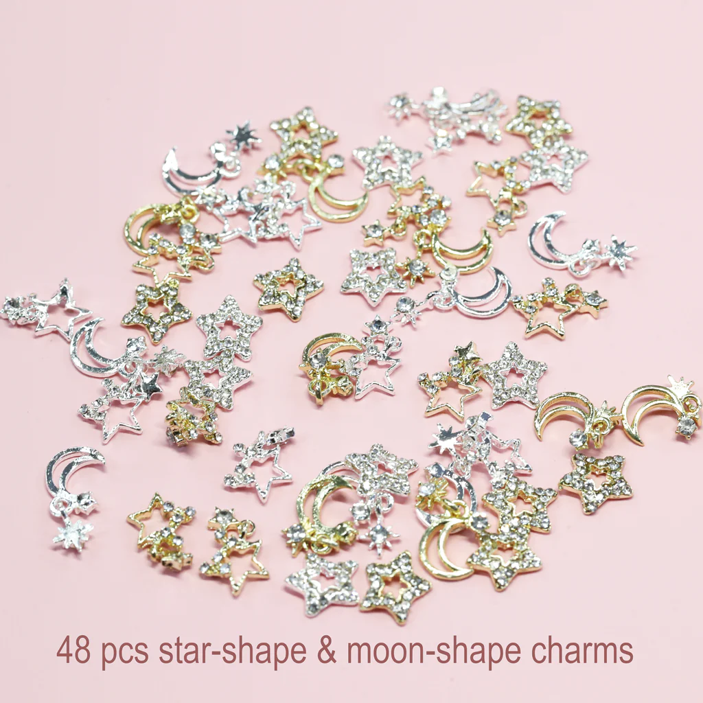 48 pcs Silver Gold Star and Moon shapes charms for Christmas Nails Design (star dangles, moon dangles)