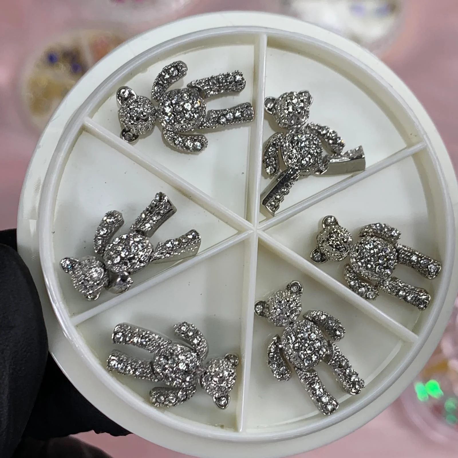 6 pcs Movable Silver Teddy Bear Charms with Rhinestones for Nails Art Designer - Image 2