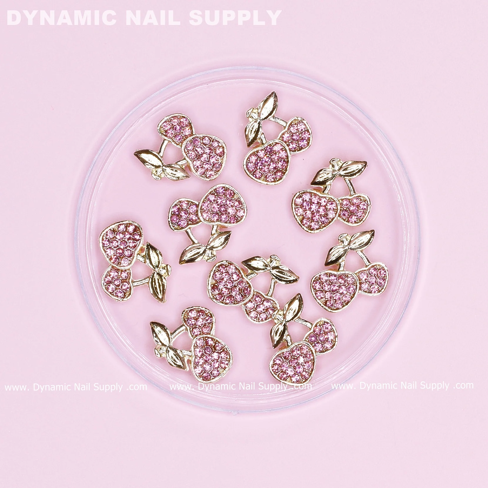 9 pcs Pink Cherry Nail Charms Engraved Rhinestones (Large size)