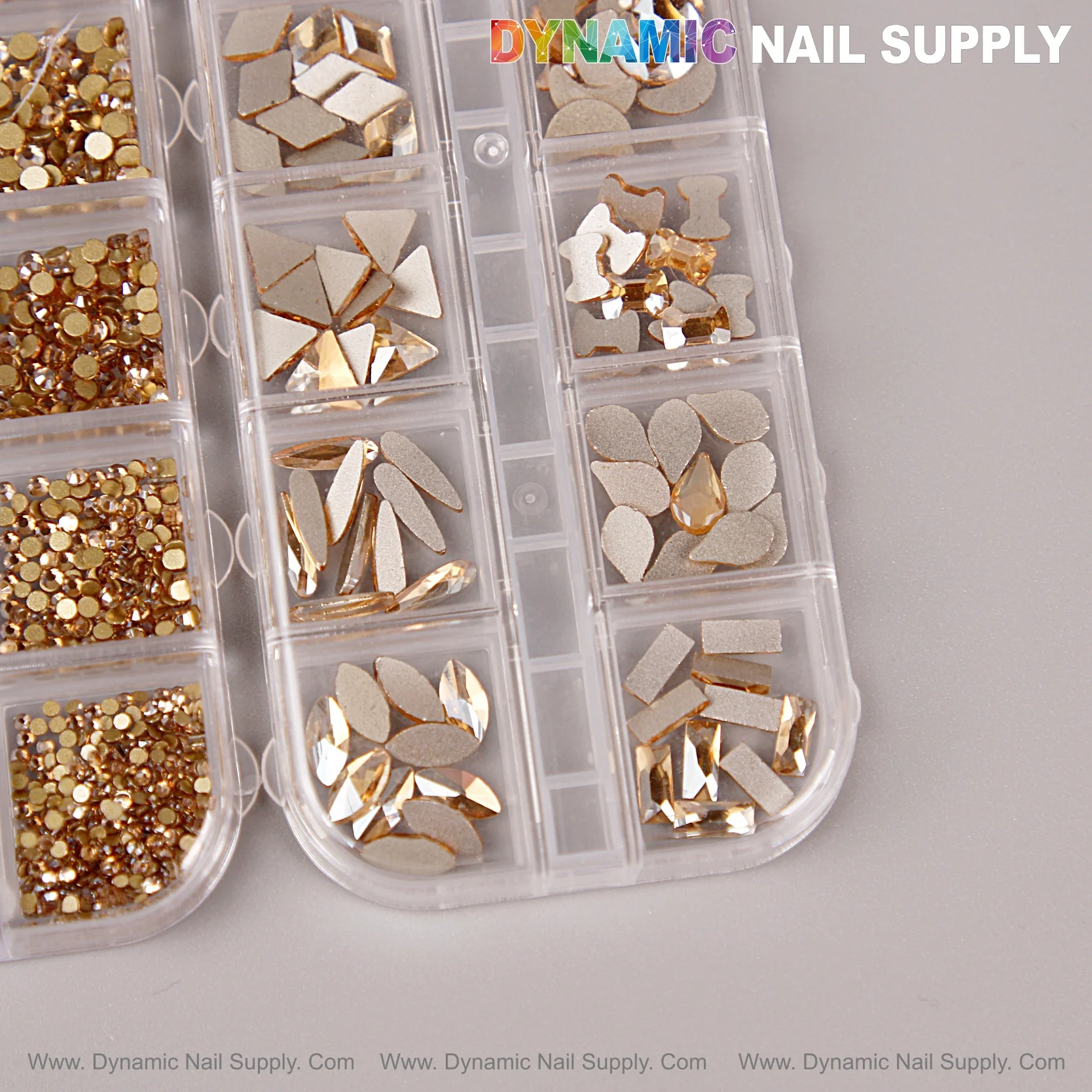 [Champagne Gold] Multi Shape Size Nail Crystal Gem Rhinestone Set - Flat Back, with Kit - Mixed Round and Different Shapes - Image 3