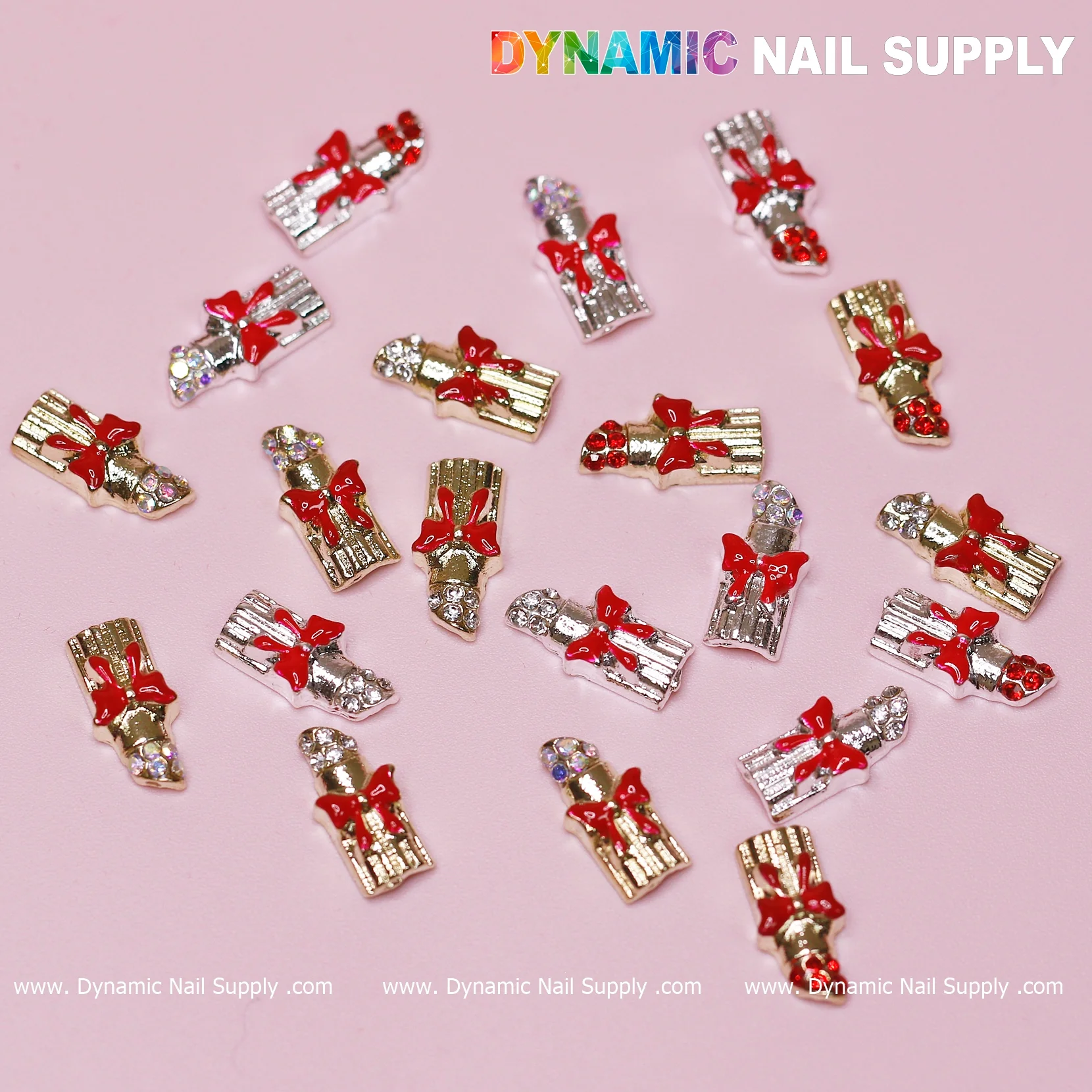 20 pcs Lipstick Charms with Red Bows for Valentines Nail Art Design