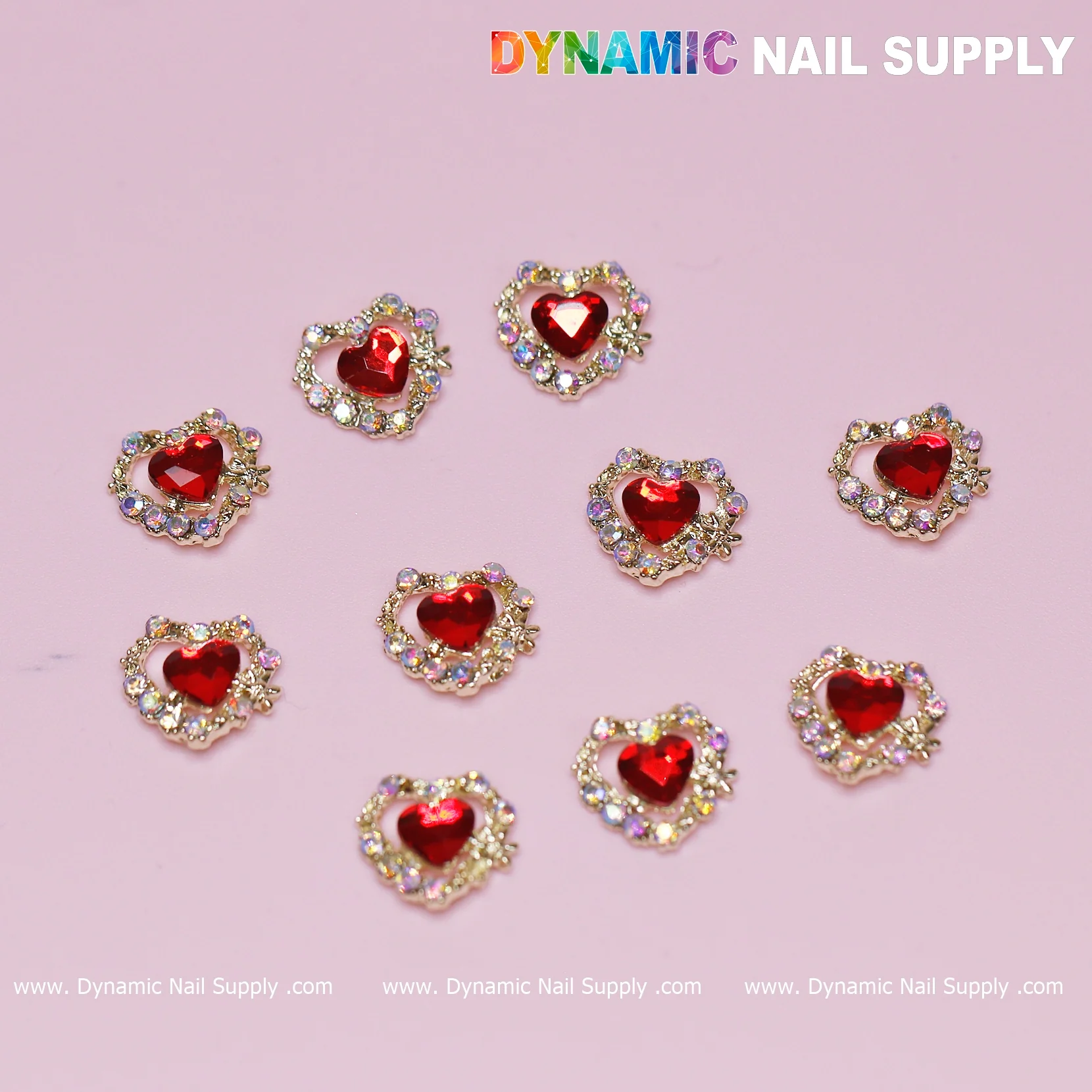 10 pcs 3D Red Ruby Heart rhinestone Charm for Nails Art Design (Red stones + Golden claws base) - Image 3