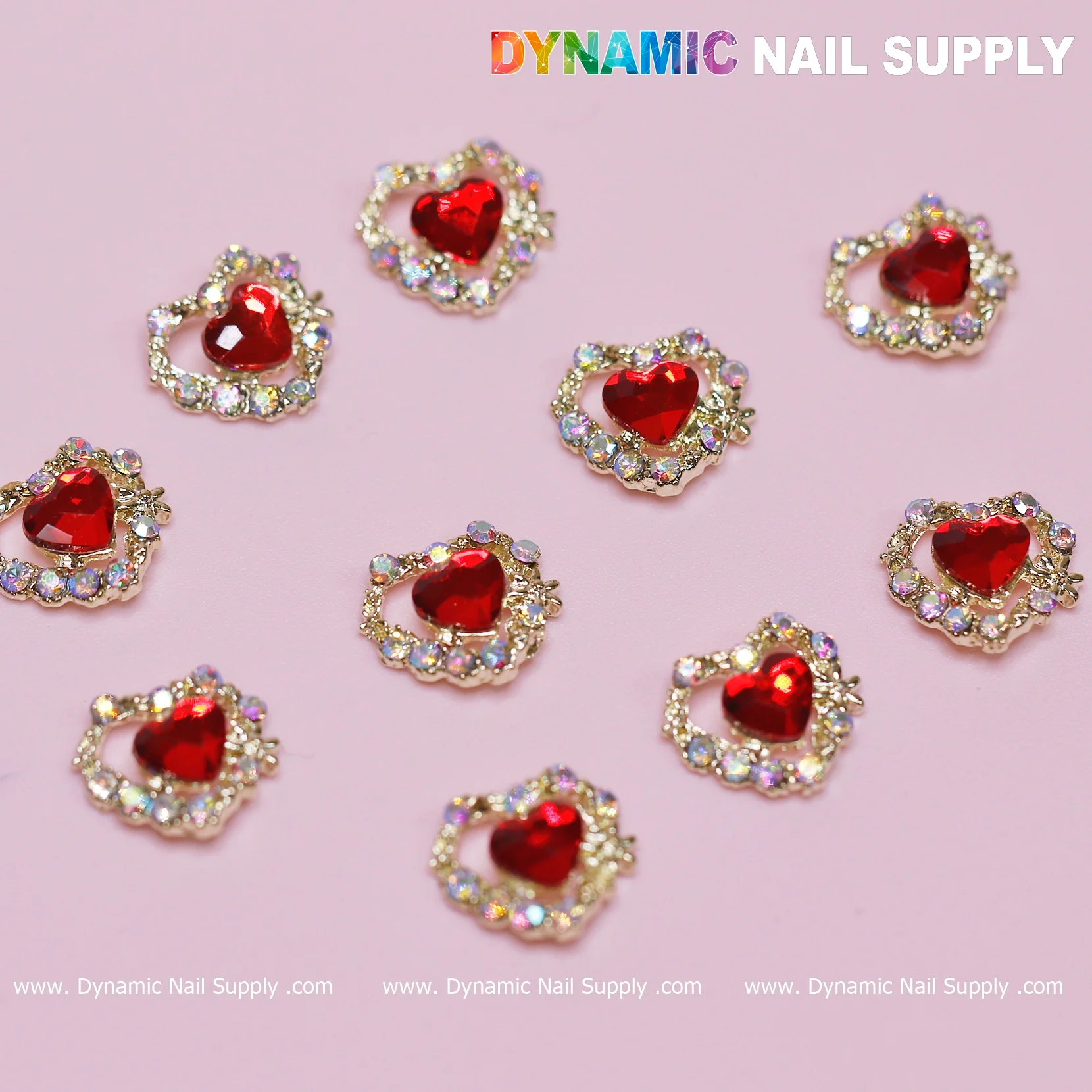 10 pcs 3D Red Ruby Heart rhinestone Charm for Nails Art Design (Red stones + Golden claws base) - Image 7