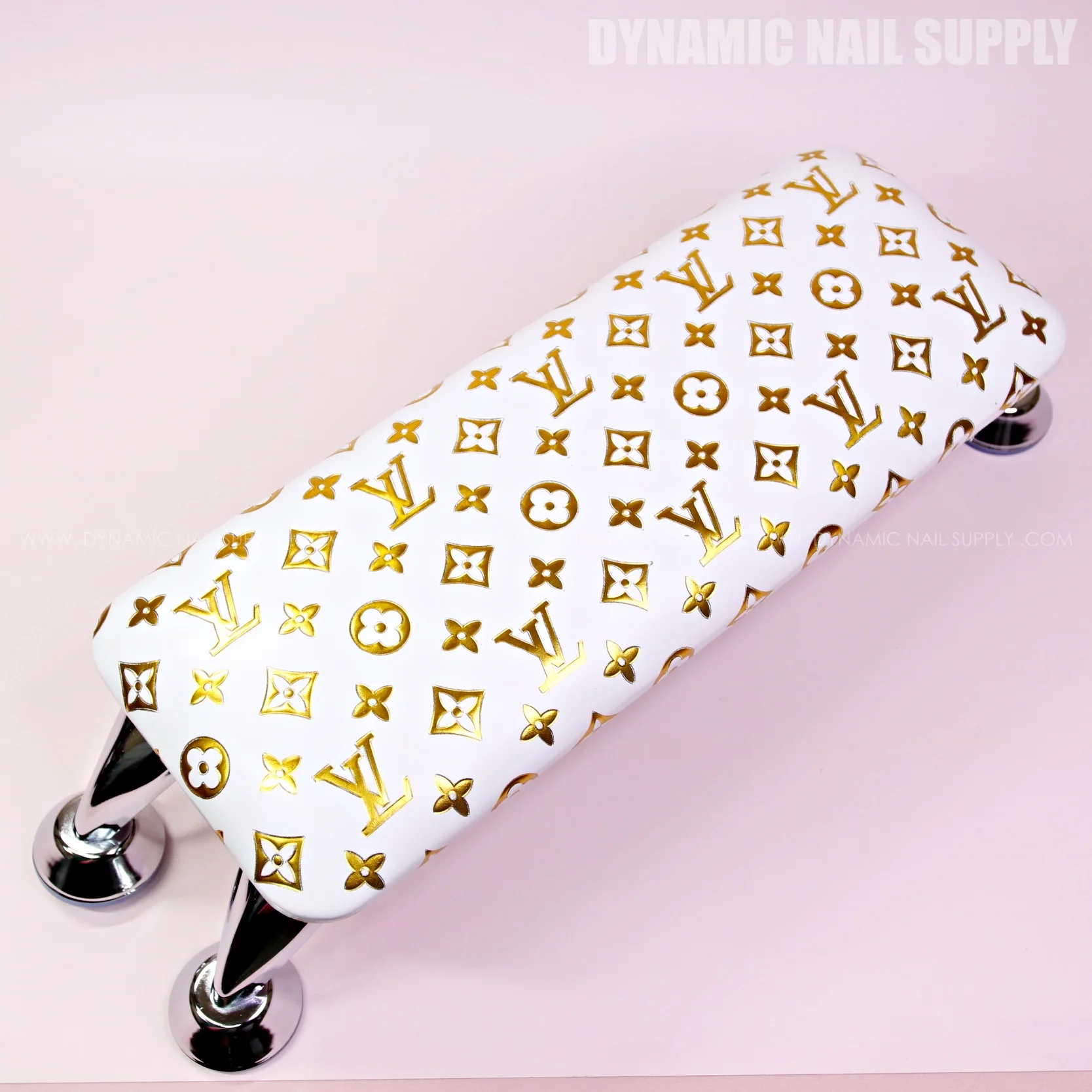(BJ050 - Gold LV Pattern - White Base) Faux leather Armrest with Soft Pad for Pedicure and Manicure (Reposabrazos Para Manicura)