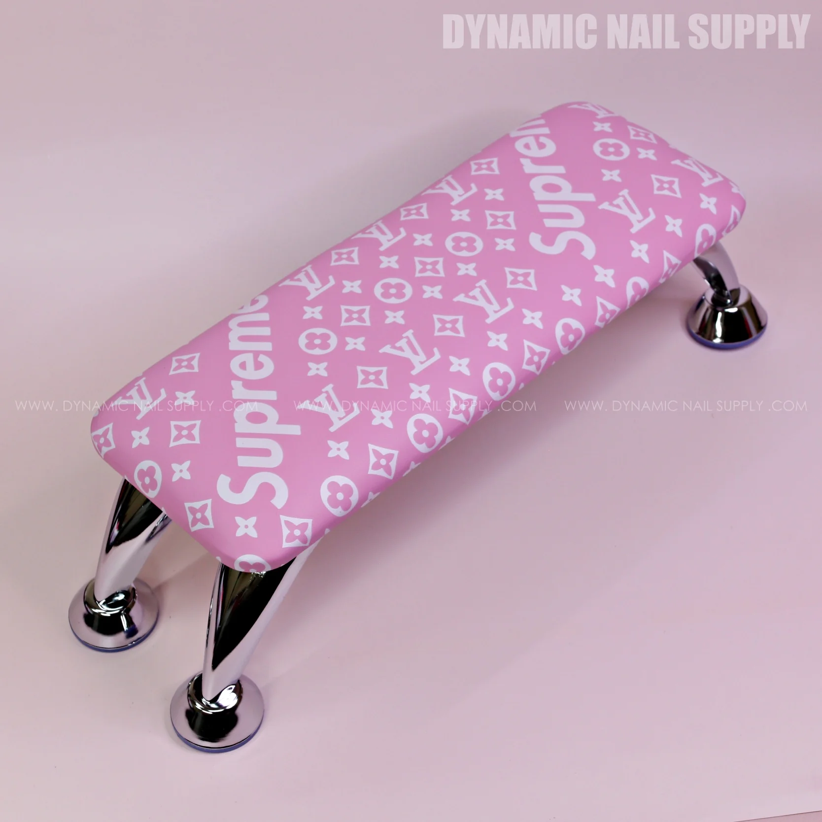 (RA054 - White Spreme/LV Pattern - Pink Base) Handrest for Nail Table Manicure Services (Reposabrazos Para Manicura) - Image 4