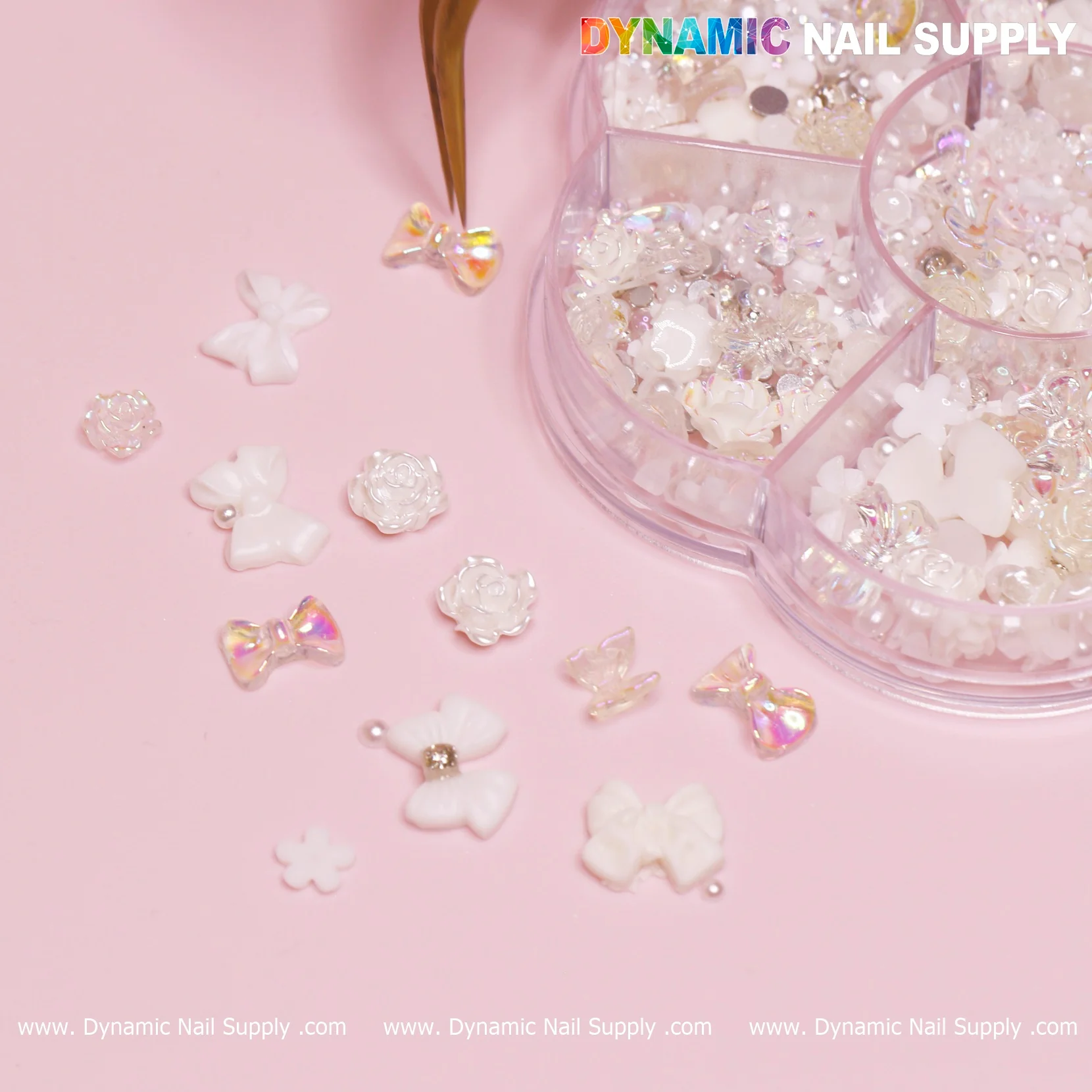 Iridescent White 3D Resin Flowers and Bows shape charms rhinestones for Spring Nails Art design - Image 5