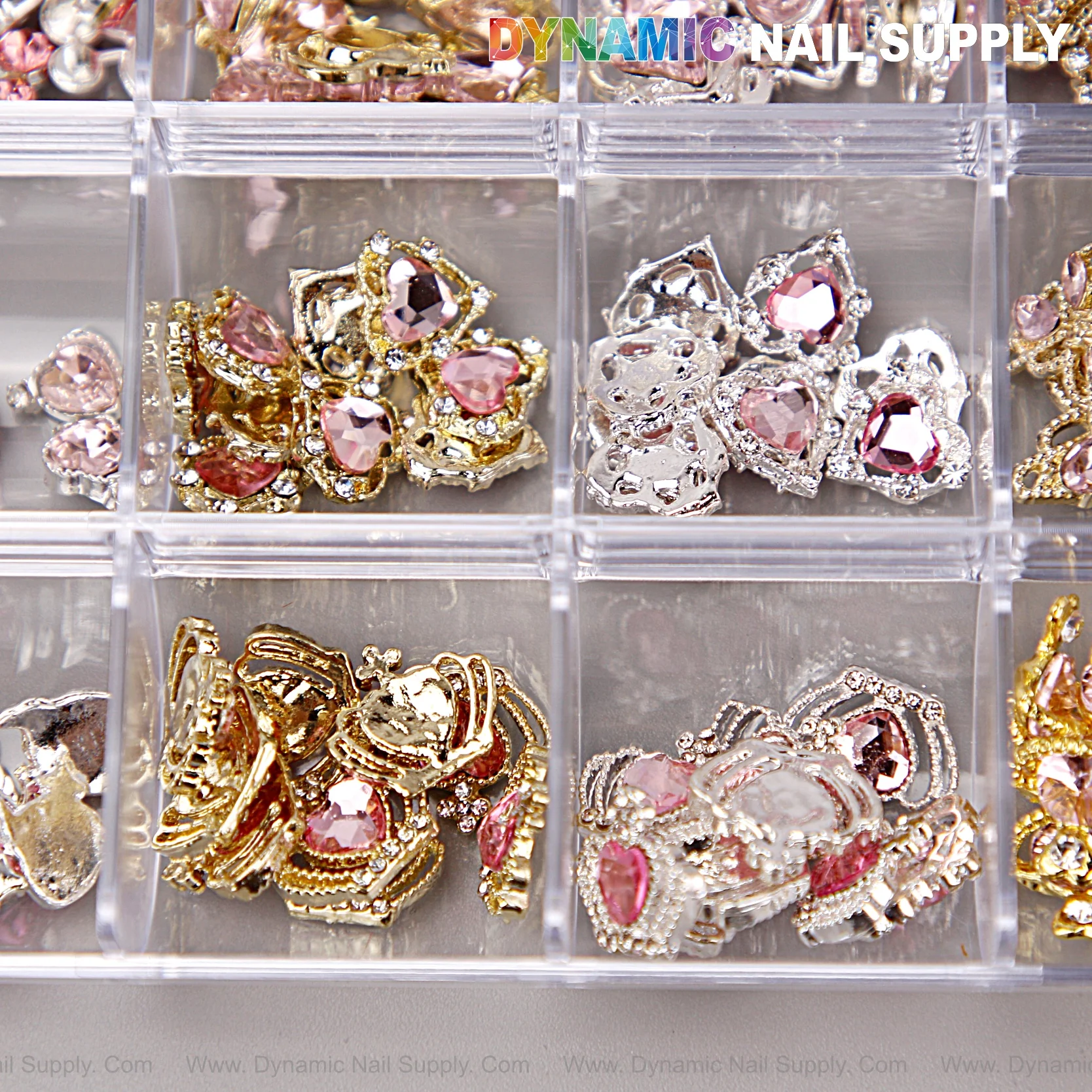 Pink Silver Gold Heart Shape Cherry Crown Planet Charm Set Box - Nail Art DIY Design Accessories - Image 12