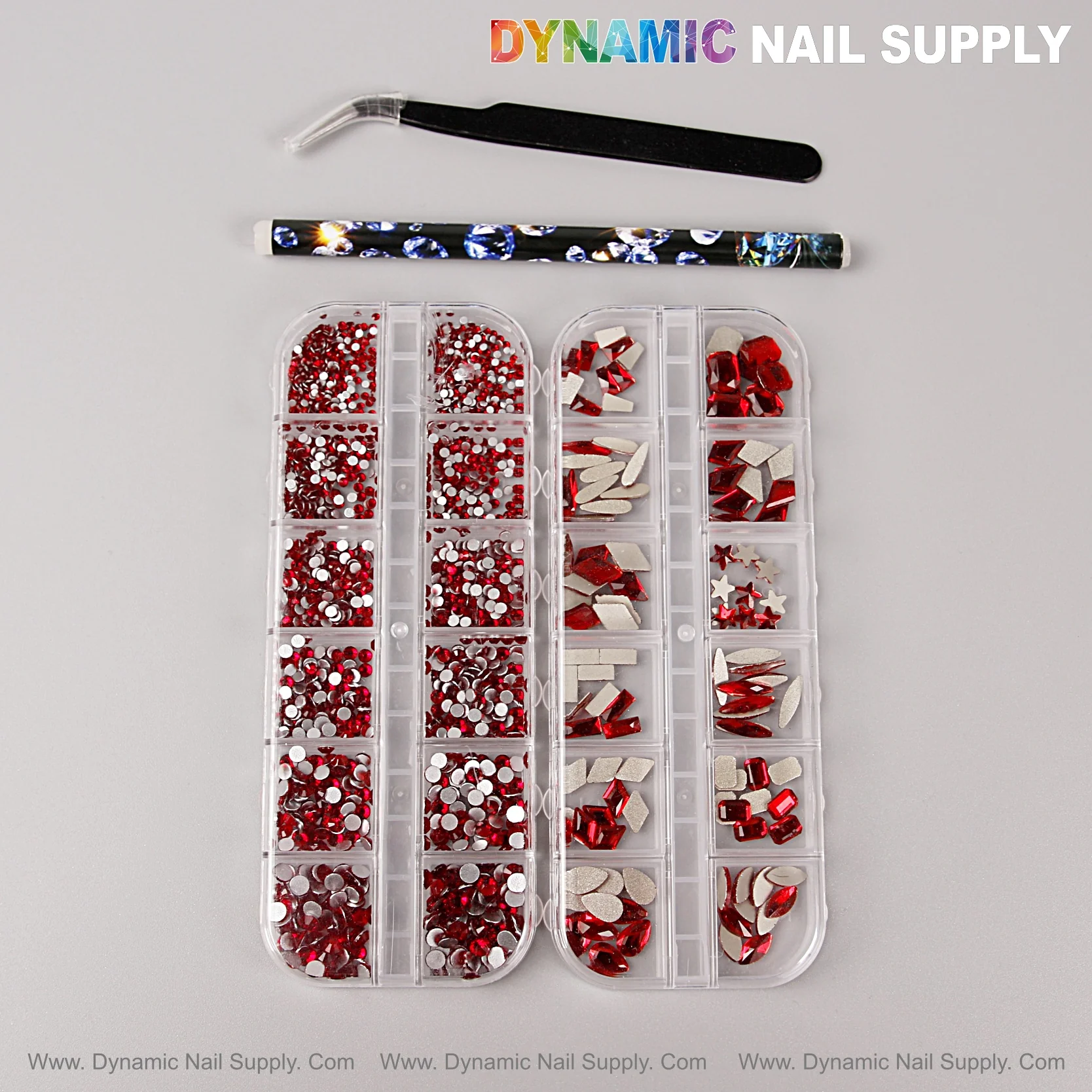 [Red] Multi Shape Size Nail Crystal Gem Rhinestone Set - Flat Back, with Kit - Mixed Round and Different Shapes - Image 7