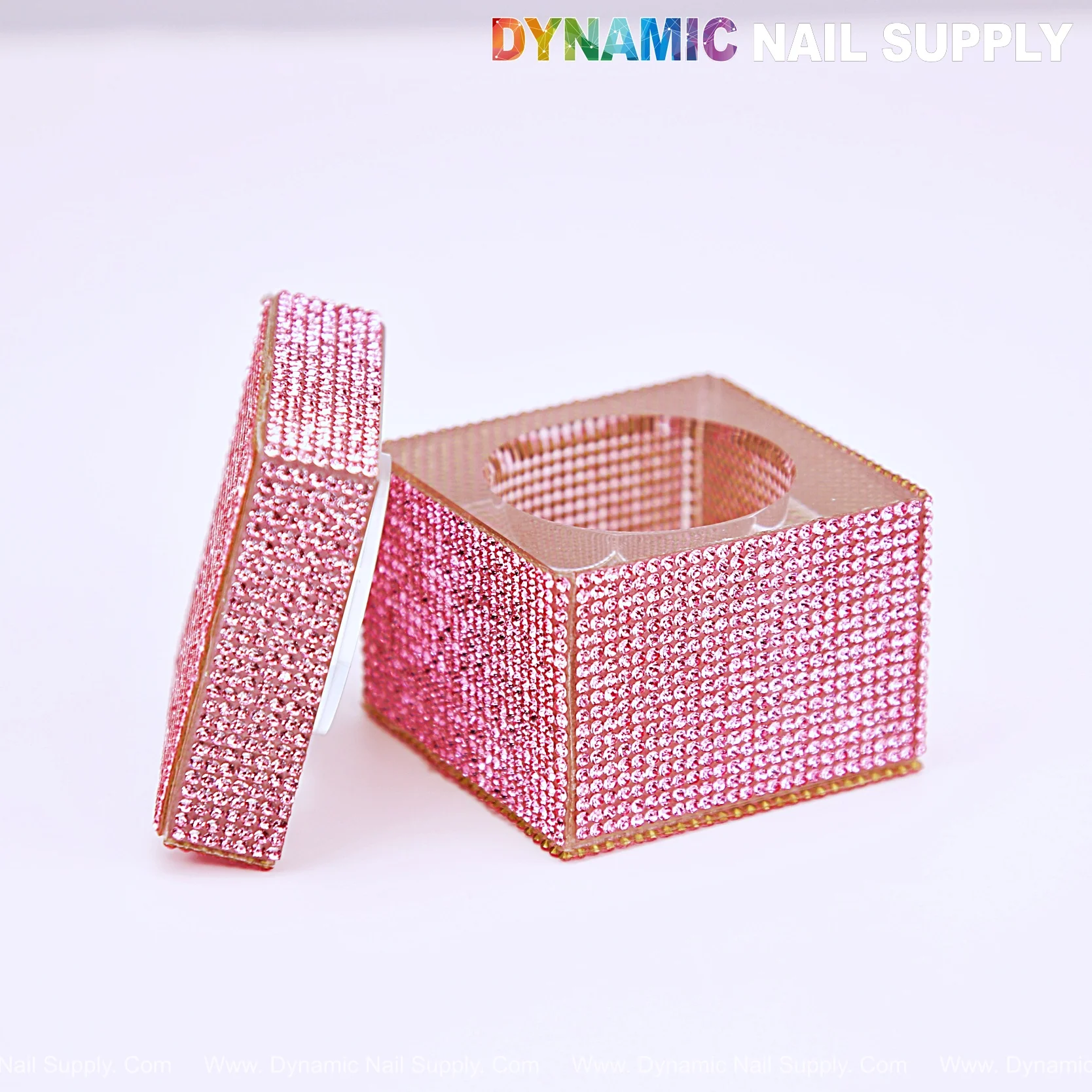 Rhinestone Square Pink Dappen Dish with Lid - Monomer Glass Crystal Cup for Professional Use