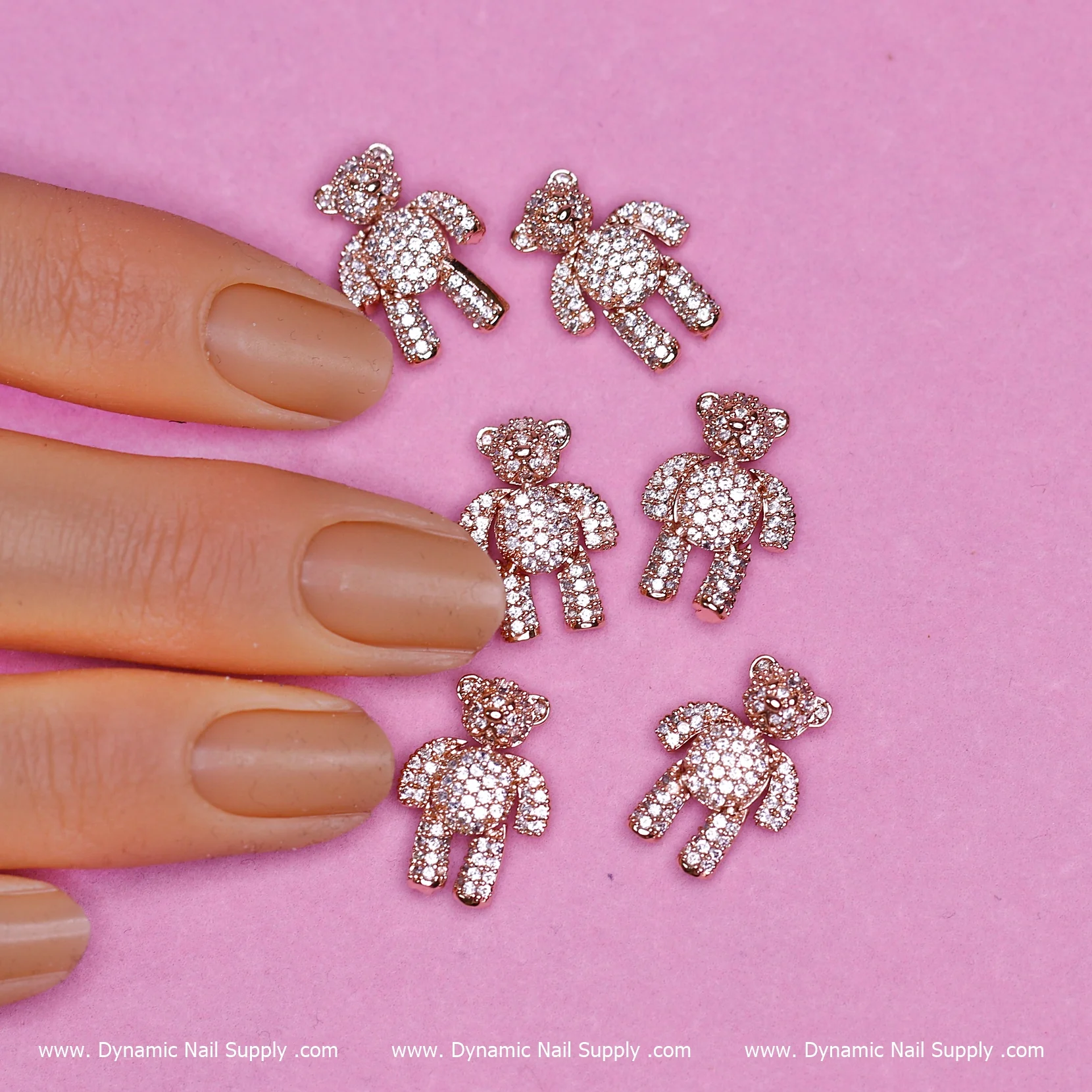 (Rose Gold) 6 pcs Movable Teddy Bear Charm with Rhinestones Engraved