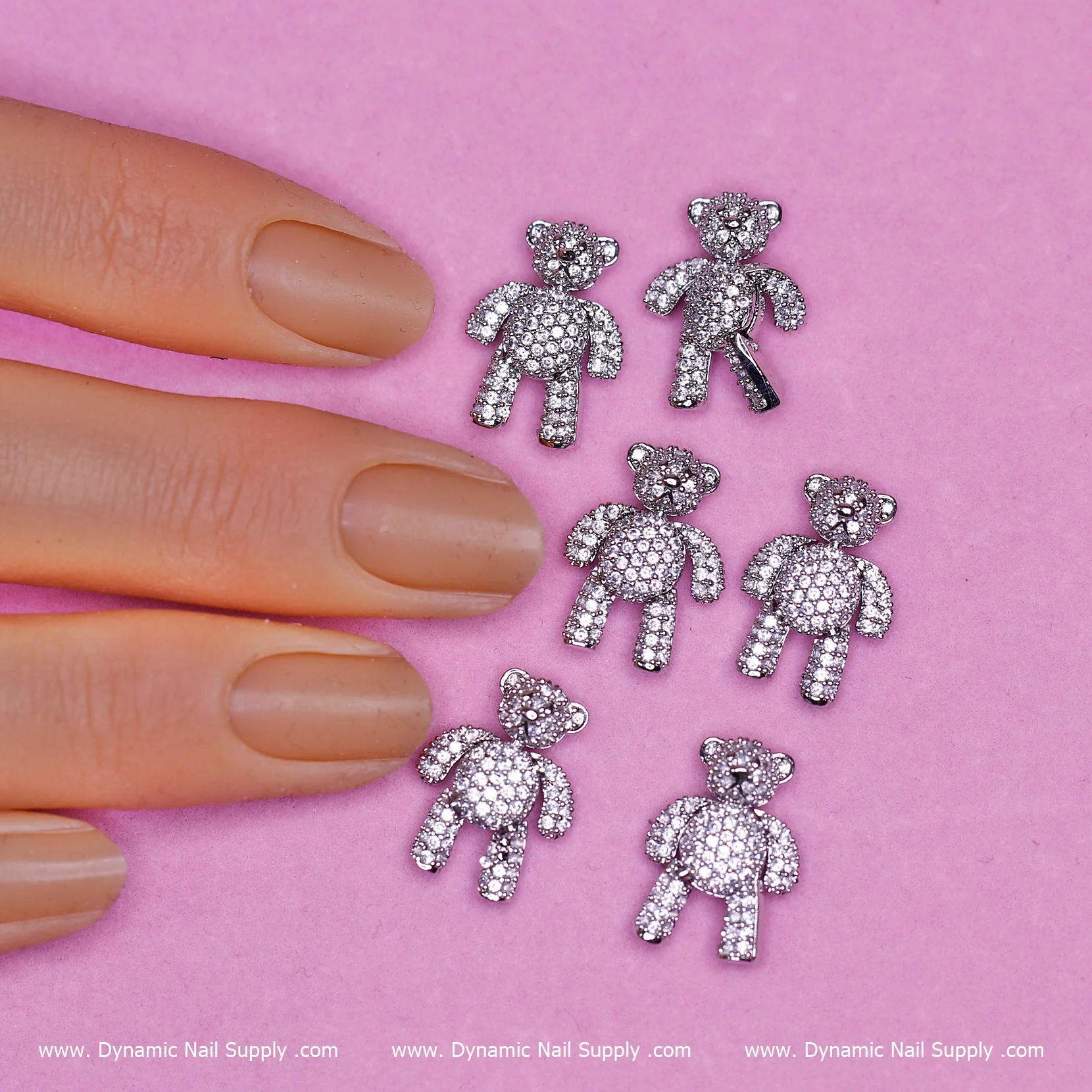(Silver) 6 pcs Movable Teddy Bear Charm with Rhinestones Engraved - Image 3