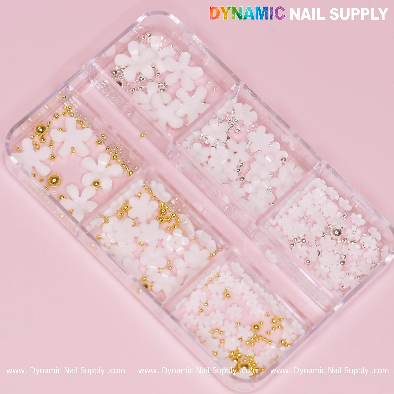 White 3D Resin Flower (daisy) with gold and silver beads for Spring Nails Art design - Image 3