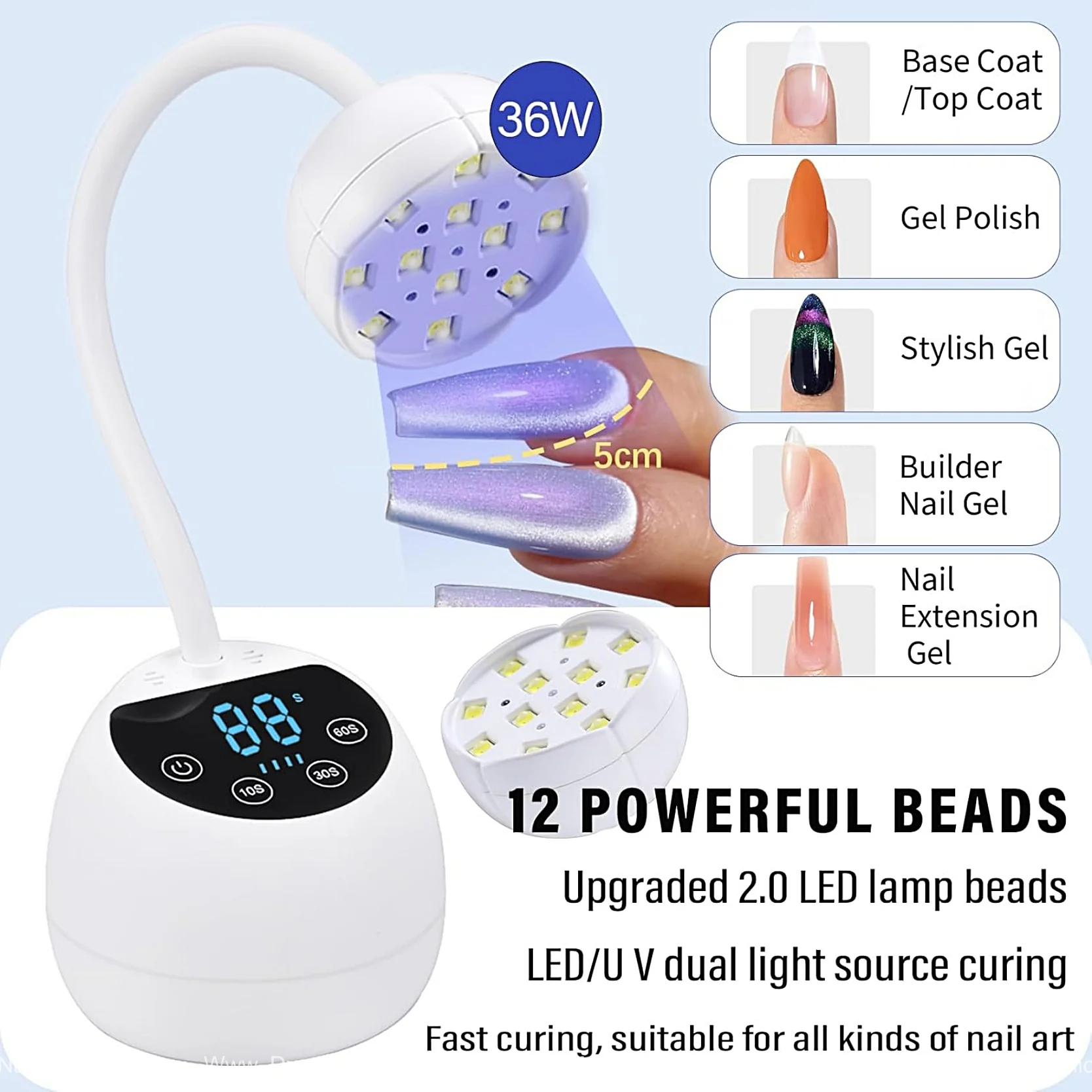 [White] Mini Flash Cure UV LED Lamp 36W -Auto Sensor Gooseneck Portable USB Nail Dryer - Image 7