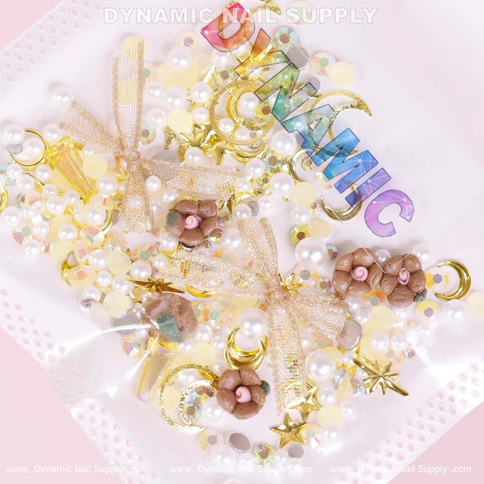 Luxury White Pearls and Brown Flowers with Leaves Set (Gold Theme) For Nail Art Design - Image 2
